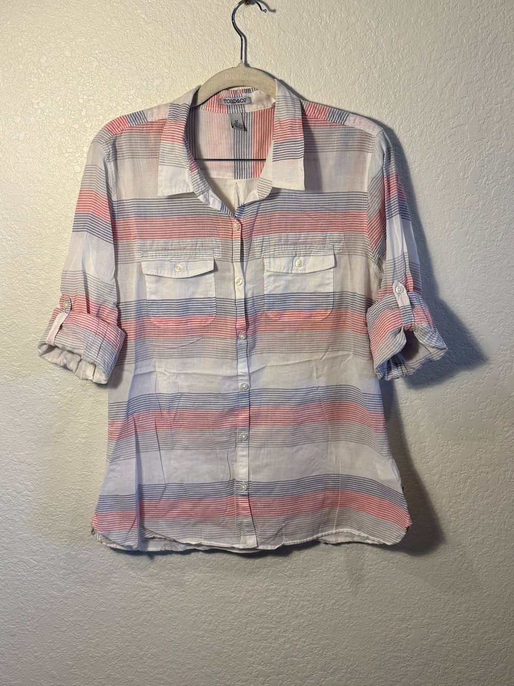 Toad & Co. Organic Cotton Red Blue Striped Roll-Tab Sleeve Button Down Top M